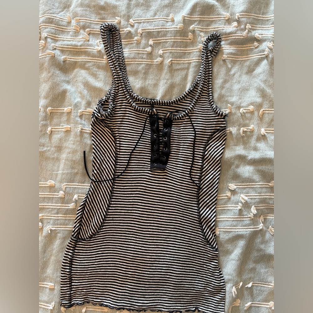 Vintage We The Free Striped Black and Cream Lace-up Tank